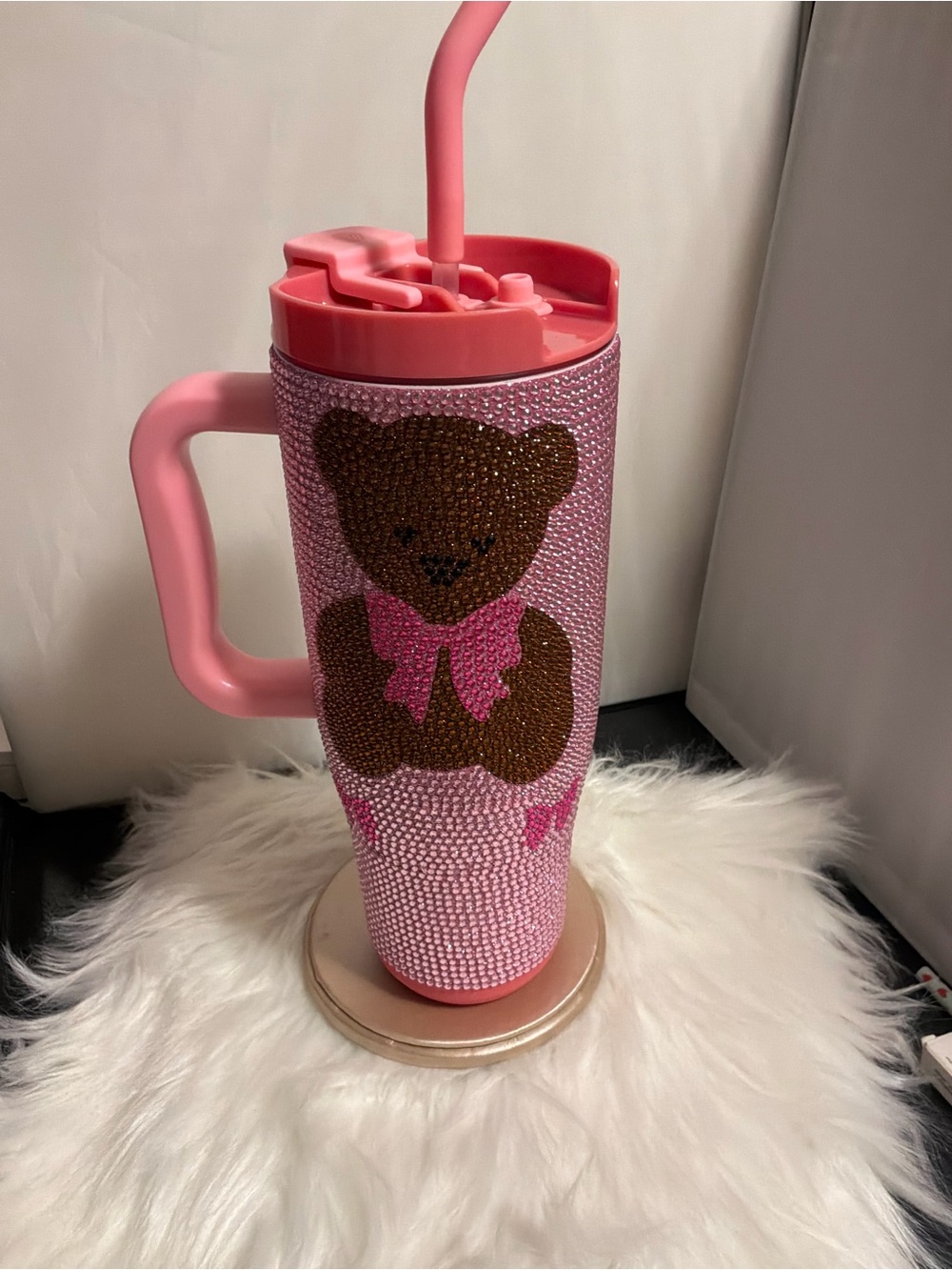 Pink Teddy Bear Rhinestone Travel Cup with Handle and Straw